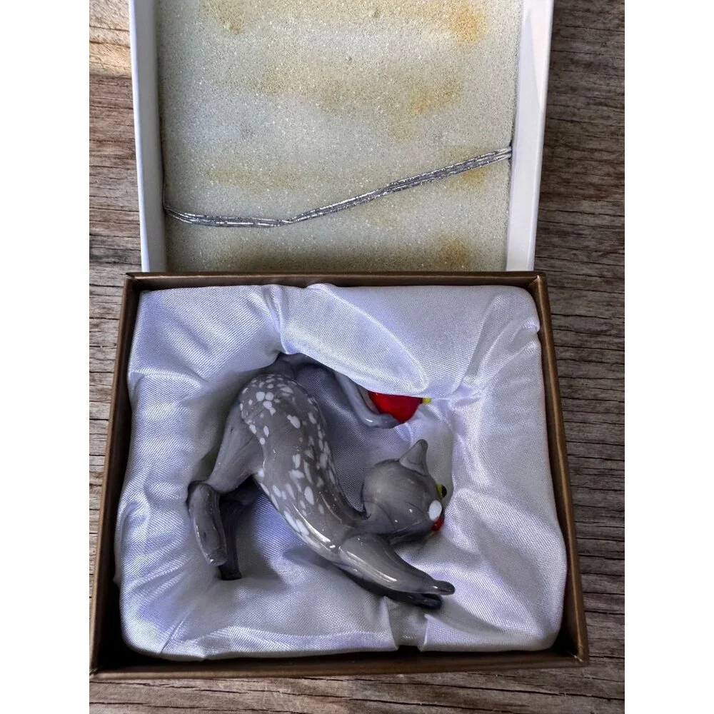 Pier 1 Imports Art Glass Cat Bird Christmas Figurine Unlikely Friends W Box